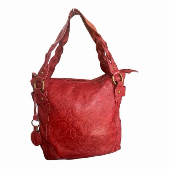 Fossil Red Vintage Long Live Vintage Leather Hobo Bag W/Gold accents and Tassels - Picture 3 of 11